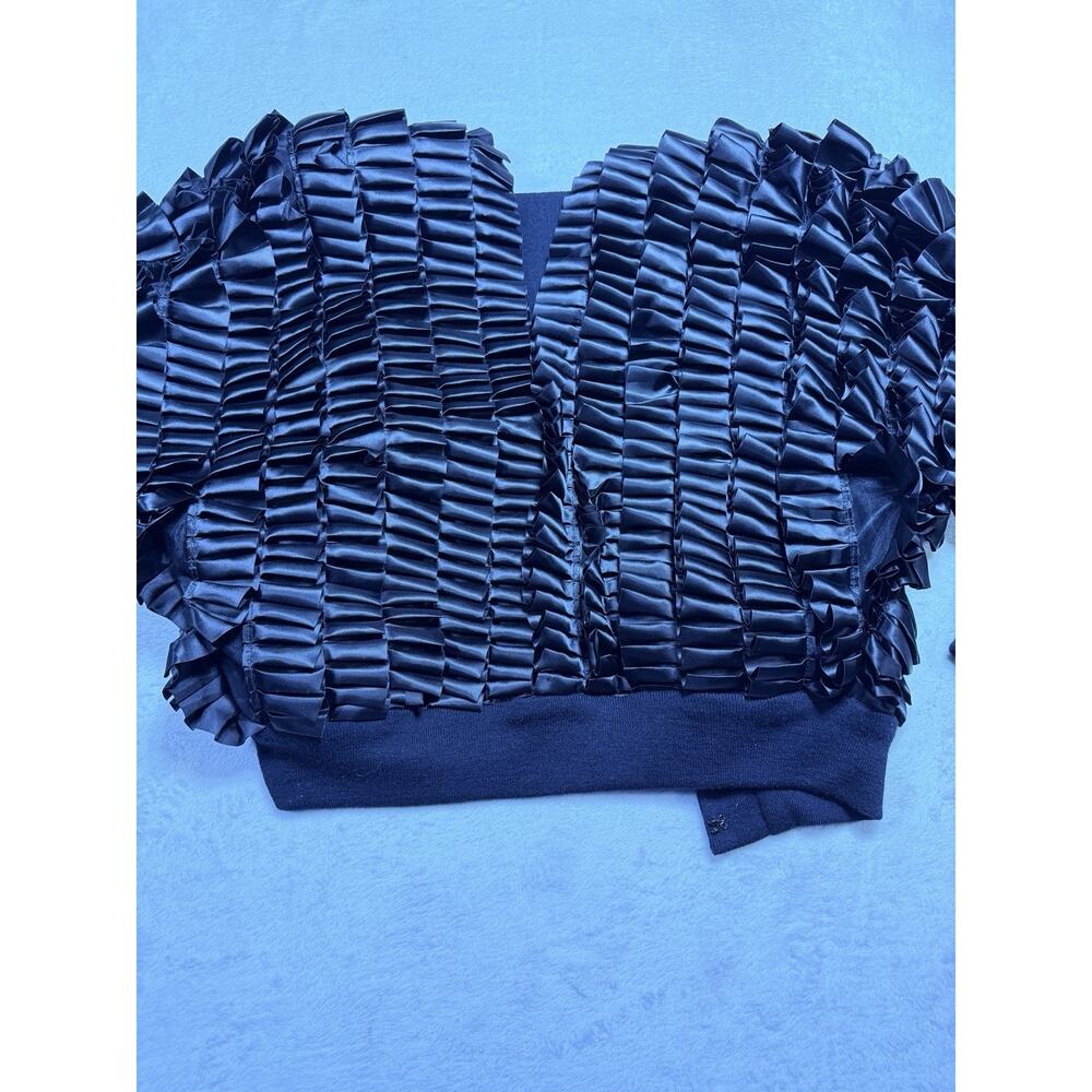 VTG Phyllis Sues Black Knit Cardigan Ruffle Satin Bolero Jacket Sz Sm Tango - Picture 10 of 13